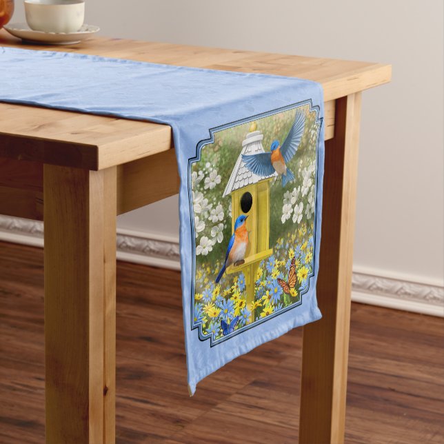 Caminho De Mesa Médio Bluebird e Hexagon Birdhouse Blue (No Local)