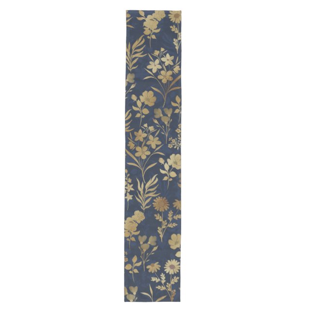 Caminho De Mesa Médio Botanical Gold Flowers Blue Pattern (Frente)