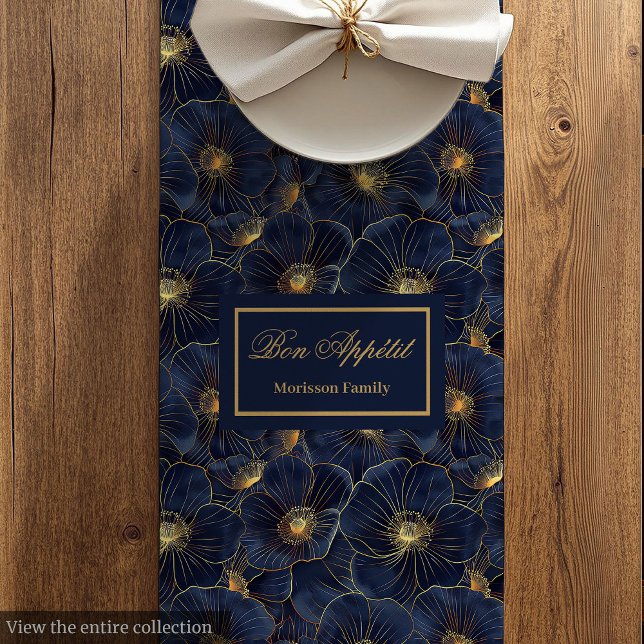 Caminho De Mesa Médio Chic Navy Dourado Botânico Estilo de Mesa (Chic Navy Gold Botanical Table Style)