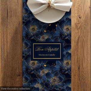 Caminho De Mesa Médio Corredor de Mesa Navy Gold Flowers Lux Monogram De