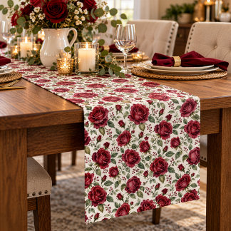 Caminho De Mesa Médio Elegante Jardim de Rosas em Aquarela Burgundy