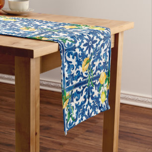 Caminho De Mesa Médio estilo italiano,Mediterrâneo,mosaico,azul,limão