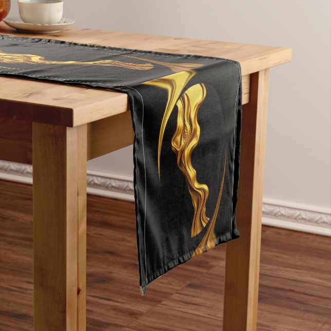 Caminho De Mesa Médio Gold Black Monochrome Opulent Swirl Liquid Designe (No Local)