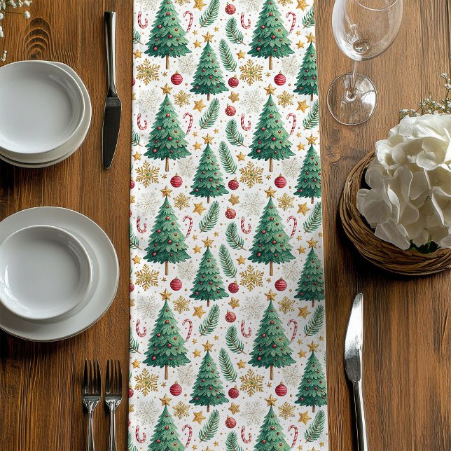 Caminho De Mesa Médio Modern Christmas Trees Red and Gold Dining Runner (Modern Christmas Trees Red and Gold Dining Runner)