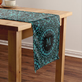 Caminho De Mesa Médio Monograma de Mandala Azul Teal Escuro