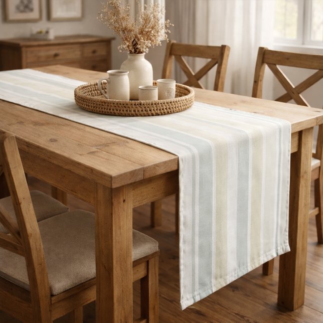 Caminho De Mesa Médio Neutral Dusty Blue Striped | Rustic Farmhouse (Criador carregado)