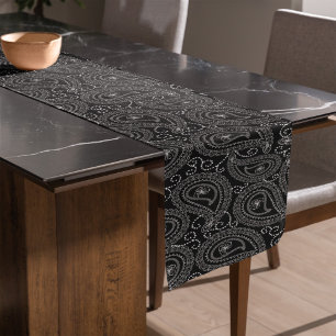 Caminho De Mesa Médio Padrão Floral do Damasco Elegante Preto e Branco