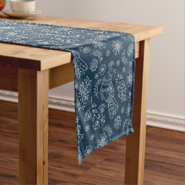Caminho De Mesa Médio Padrão Nórdico da Linha Branca em Azul
