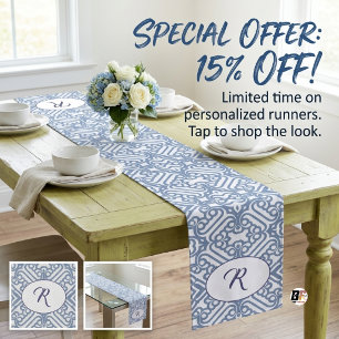 Caminho De Mesa Médio Pessoal M Damasco Elegante Azul Poeirento e Branco