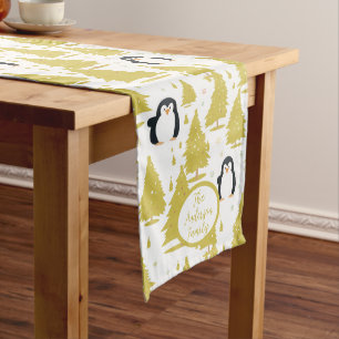Caminho De Mesa Médio Pinguim de inverno bonito Dourado no Natal