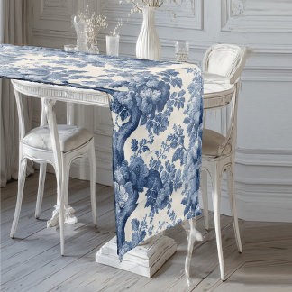 Caminho De Mesa Médio Pó Romântico Toile Floral Vintage Azul Francês 