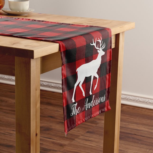 Caminho De Mesa Médio Red Buffalo Plaid & Reindeer | Personal Name Gift  (Criador carregado)