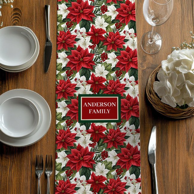 Caminho De Mesa Médio Red Green Table Runner Chic Poinsettia Custom Name (Red Green Table Runner Chic Poinsettia Custom Name)