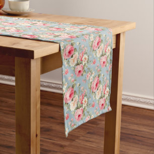Caminho De Mesa Médio Rosas de algodão, cor-de-rosa e azul, chique