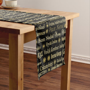 Caminho De Mesa Médio Tipografia Feliz de Natal Negro e Dourado