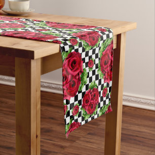 Caminho De Mesa Médio Verificado com Rockabilly Love Floral do Rosa verm