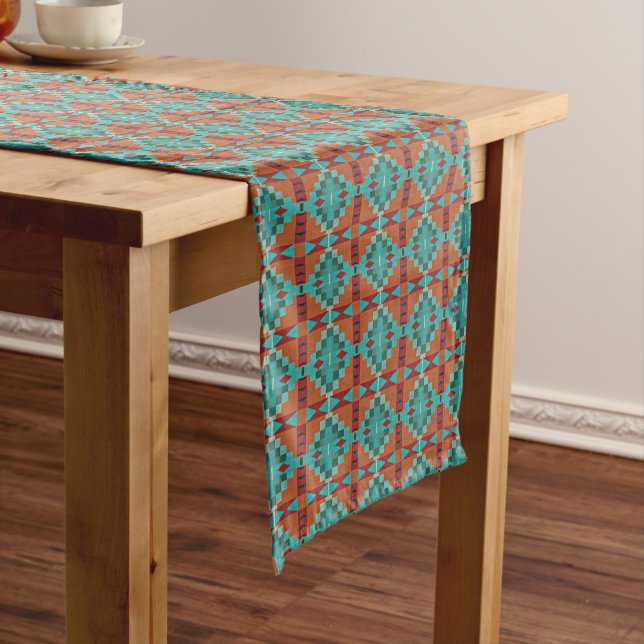 Caminho De Mesa Médio Vermelho Laranja Turquesa Teal Azul Arte Tribal (No Local)