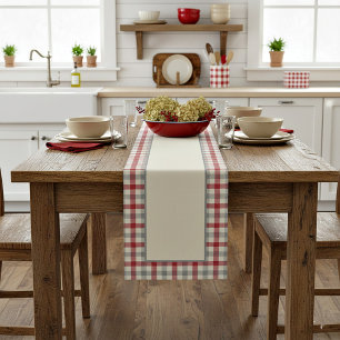 Caminho De Mesa Médio Xadrez estilo fazenda vermelho e cinza