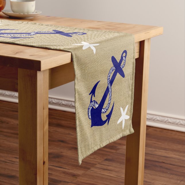 Caminho De Mesa Pequeno Âncora azul e Starfish branco náutico "Burlap" (No Local)