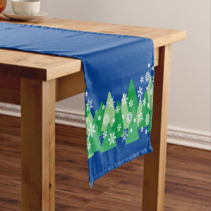 Caminho De Mesa Pequeno Árvores de Natal Flocos de Neve Brancos Azul Profu