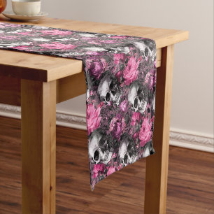 Caminho De Mesa Pequeno Caveira Floral Rosa Elegante