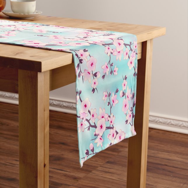 Caminho De Mesa Pequeno Cereja Floral Brilhante Turquesa Rosa (No Local)