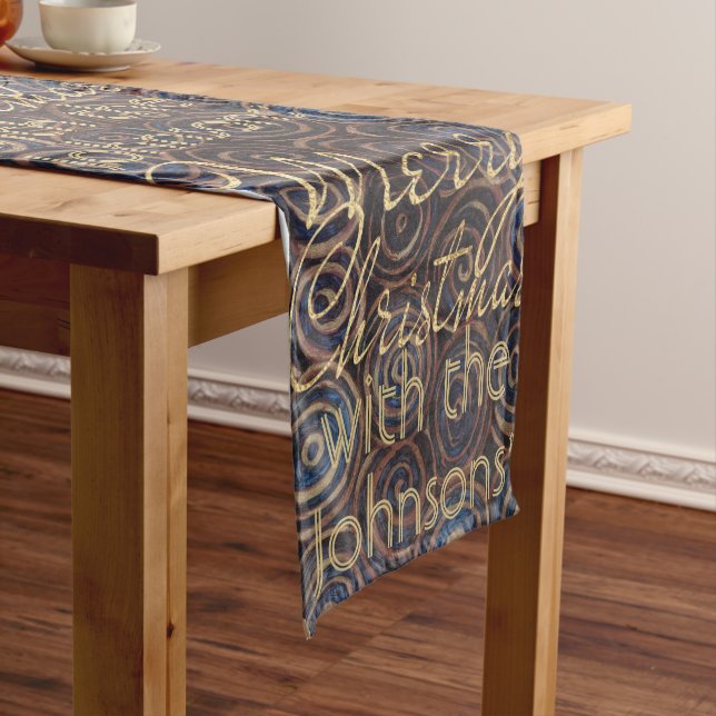 Caminho De Mesa Pequeno Christmas Blue Gold Swirls Personalize 14 x 72 (No Local)