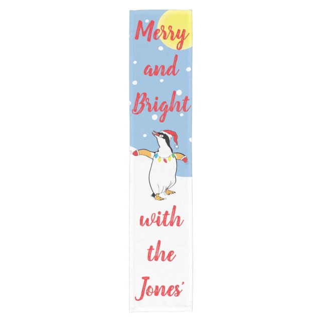 Caminho De Mesa Pequeno Christmas Happy Penguin Personalize 14 x 72 (Frente)