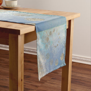Caminho De Mesa Pequeno Coastal Grunge Azul e Verde Dourado