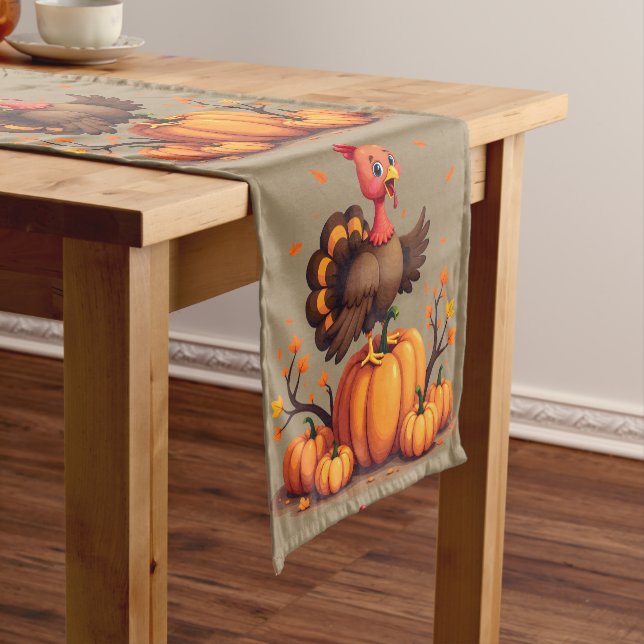 Caminho De Mesa Pequeno Cute Thanksgiving Turkey Autumn Pumpkins Scene (No Local)
