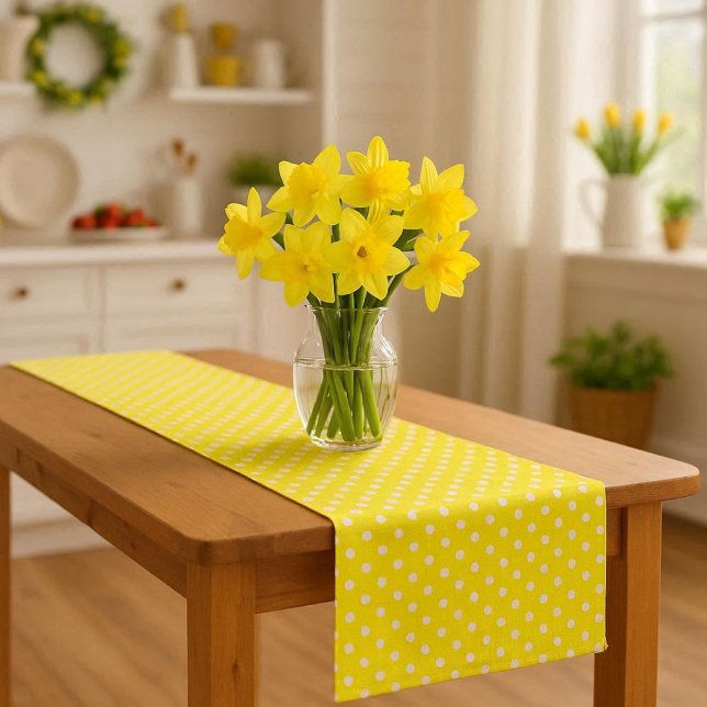 Caminho De Mesa Pequeno  Daffodil Yellow with Polka-Dots (add cheerful ambiance to the decor of your kitchen or dining room with yellow and white table runner)