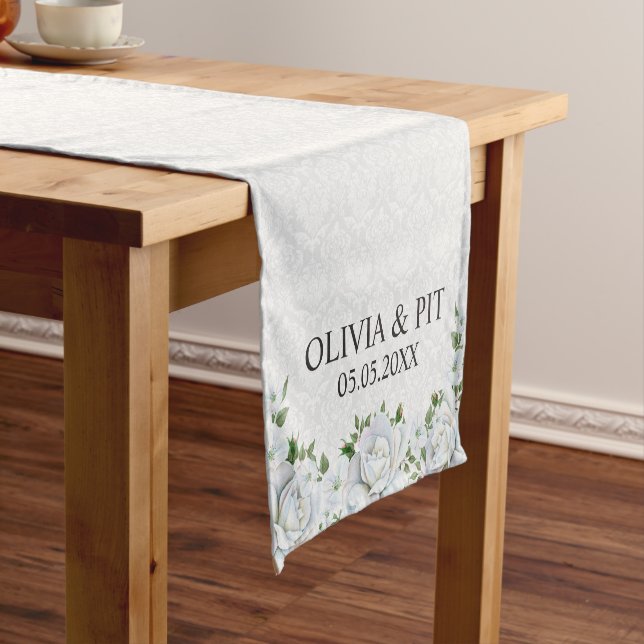 Caminho De Mesa Pequeno Damasco Branco E Rosas - Salve A Data (No Local)