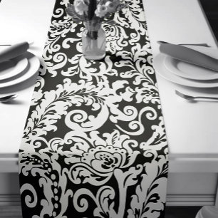 Caminho De Mesa Pequeno Damasco Floral Elegante Branco e Preto Moderno