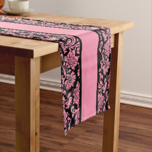 Caminho De Mesa Pequeno Damascos E Stripes Cor-De-Rosa E Preto Elegantes