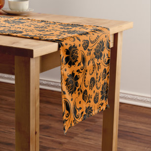 Caminho De Mesa Pequeno Damascos Florais Pretos No Fundo Laranja