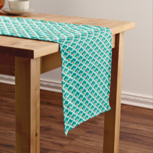 Caminho De Mesa Pequeno Deco Chinês Escalços, Teal, Aqua e Coral