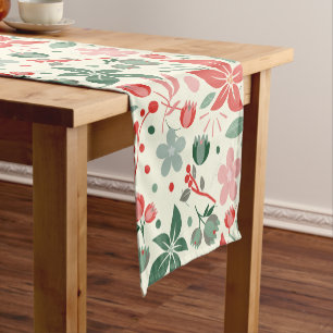 Caminho De Mesa Pequeno Desenho Floral Brilhante com Folhas Verdes e Ponto