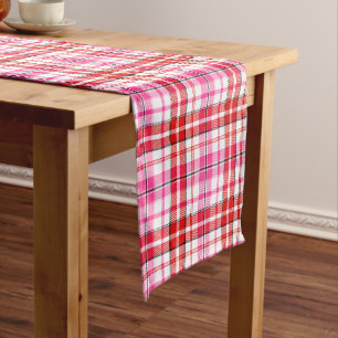 Caminho De Mesa Pequeno Desenho Xadrez Escocês Branco Vermelho Rosa