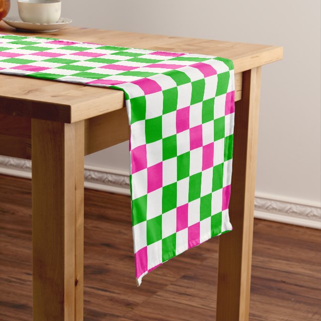Caminho De Mesa Pequeno Design Xadrez Rosa Branco Verde  (No Local)