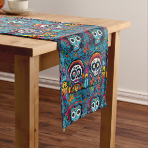 Caminho De Mesa Pequeno Dia de Muertos, padrão de crânios de açúcar azul