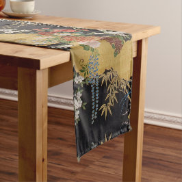 Caminho De Mesa Pequeno Dinheiro Floral Kimono Japonês Dourado e Negro