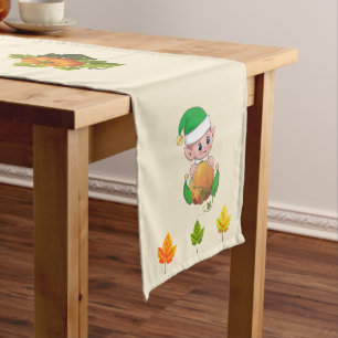 Caminho De Mesa Pequeno Duende de Ação de Graças e Folhas de Outono em Beg