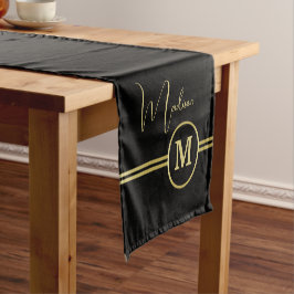 Caminho De Mesa Pequeno Elegant Gold Signature Monogram on Black