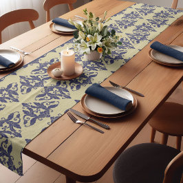 Caminho De Mesa Pequeno Elegante vintage damask marinho Monograma amarelo