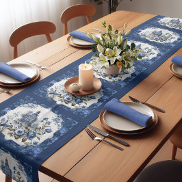 Caminho De Mesa Pequeno Elegante vintage Monograma azul toile de jouy