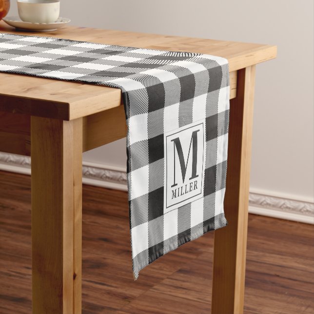 Caminho De Mesa Pequeno Fazenda Moderna Xadrez Preto Búfalo Monogramado (No Local)