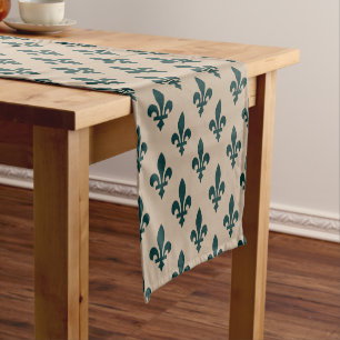 Caminho De Mesa Pequeno Fleur de Lis Pattern, Real Verde Francês em Creme