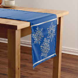 Caminho De Mesa Pequeno Flocos de neve prateados no feriado azul