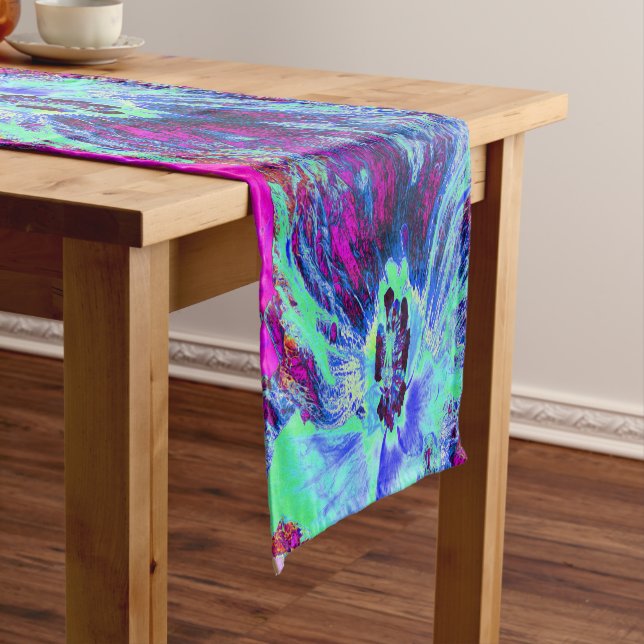 Caminho De Mesa Pequeno Flor de Hibisco Azul e Verde Retroativo Psicodélic (No Local)