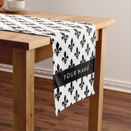 Caminho De Mesa Pequeno Flor de Lis, Preto sobre Branco, Preto, Seu Nome